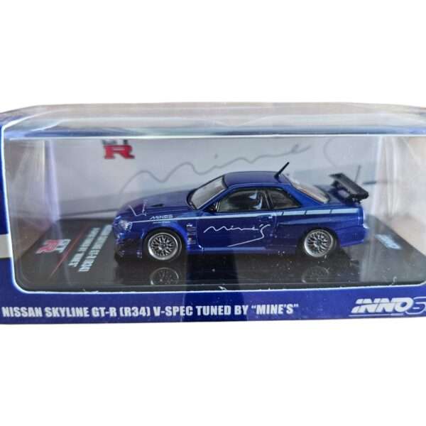 Nissan Skyline GT-R R34 V-Spec Diecast Model - Mine's Tuning in Blauw